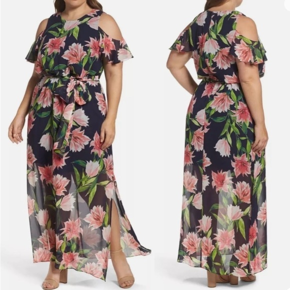 Eliza J Floral Maxi Chiffon Cold Shoulder Tropical Dress Sz 10 - Picture 2 of 7